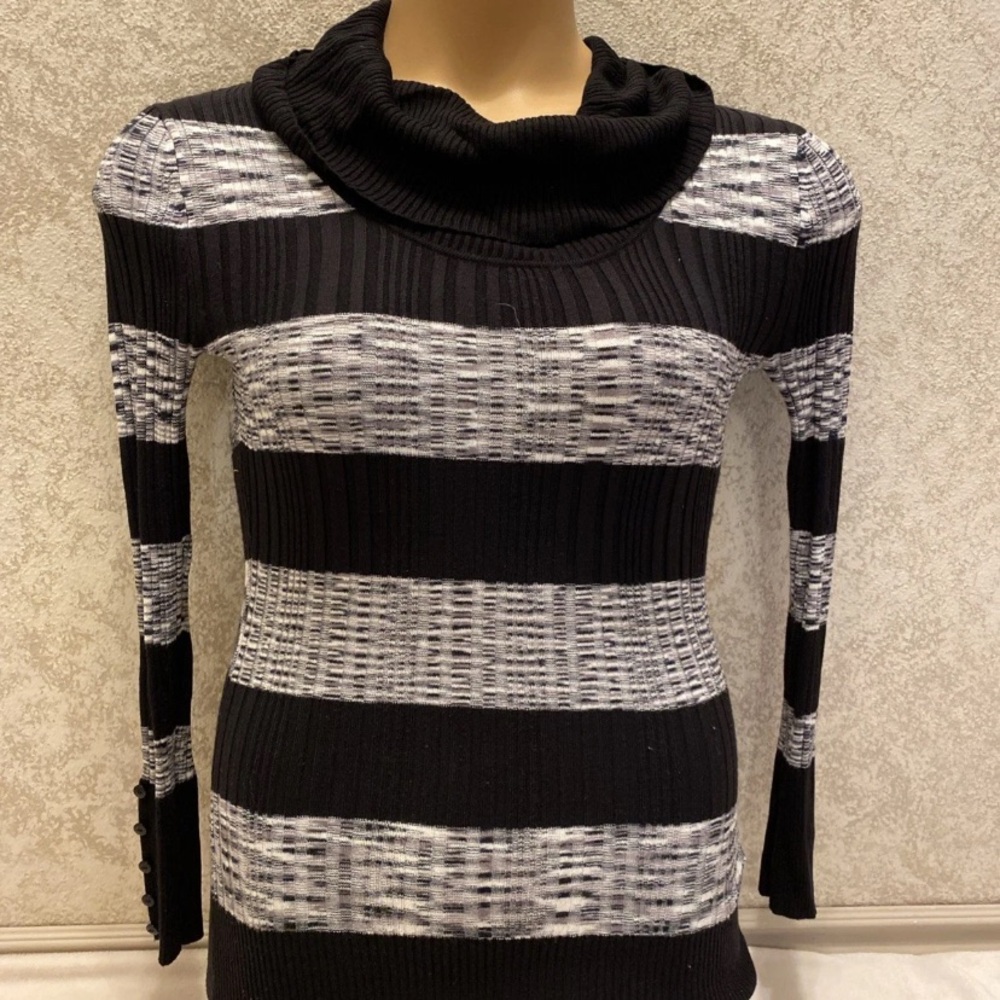 It's Our Time Black and White Striped Cowl Neck Sweater